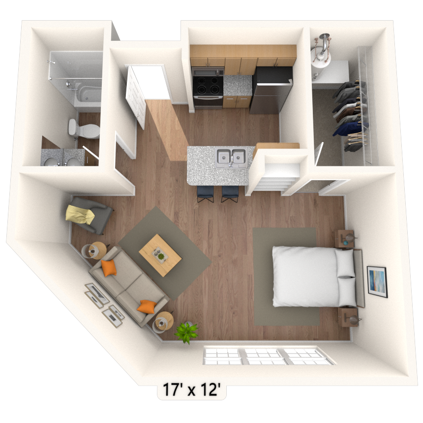 Floor plan for studio, 1 bath, 557 sqft